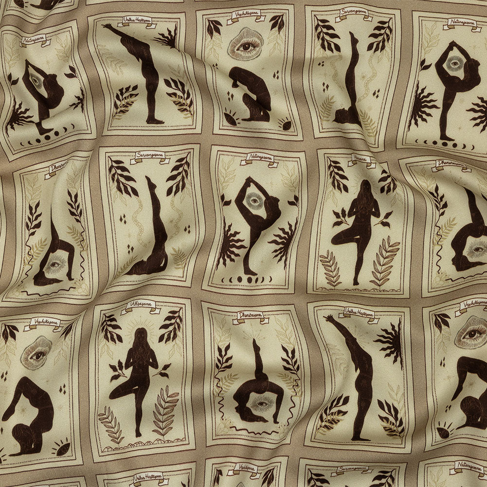 Rayon Challis - Beige and Brown Yoga Cards - Finding Balance Print - Mood Exclusive Rockland Collection - Joann Fabrics