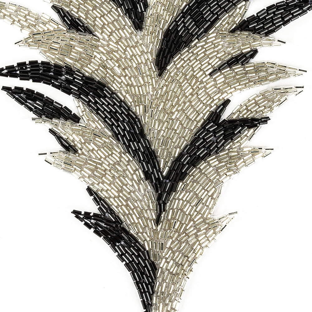 Vintage Black and Silver Bugle Beaded Large Foliage Applique - 9.625