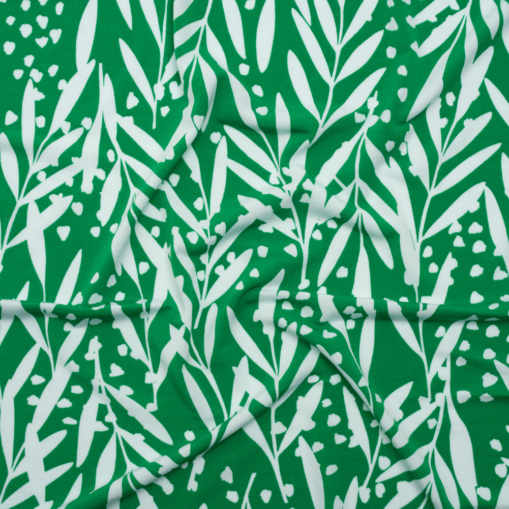 Stretch Polyester Tricot - Kelly Green and White Leafy Stems - Designer Deadstock - Joann Fabrics