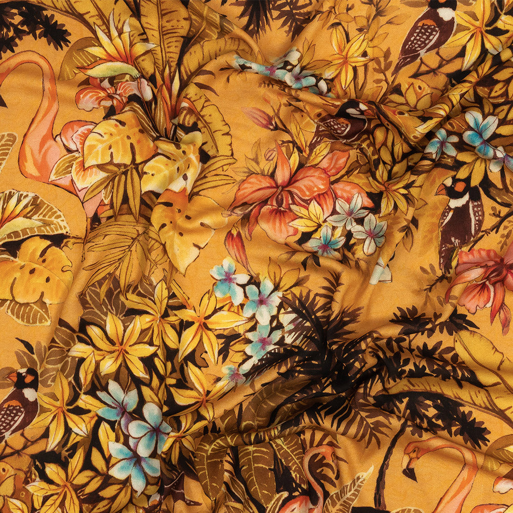 Rayon Challis - Gold and Pink Flamingoes and Flowers - Toscana Print - Mood Exclusive Viso Collection - Joann Fabrics