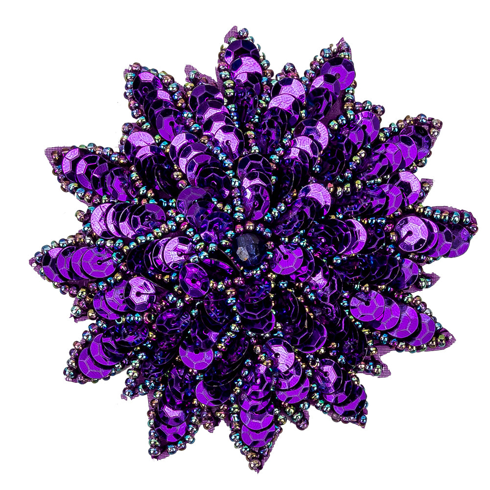 Vintage Purple Sequins and Oil Slick Iridescent Beaded Flower Applique - 3