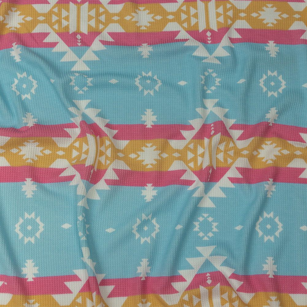 Pink, Yellow and Dream Blue Geometric and Striped Polyester and Rayon Waffle Knit - Joann Fabrics