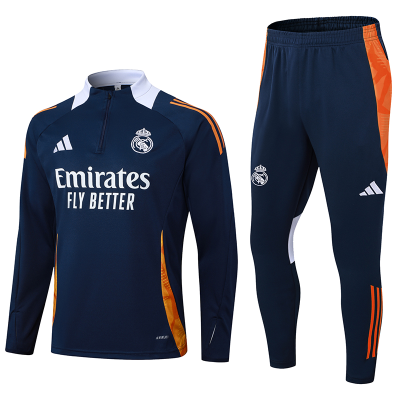 2024/2025 Real Madrid Royal blue white collar Half-Pull Training Suit Football Shirt 1:1 Thai Quality Set