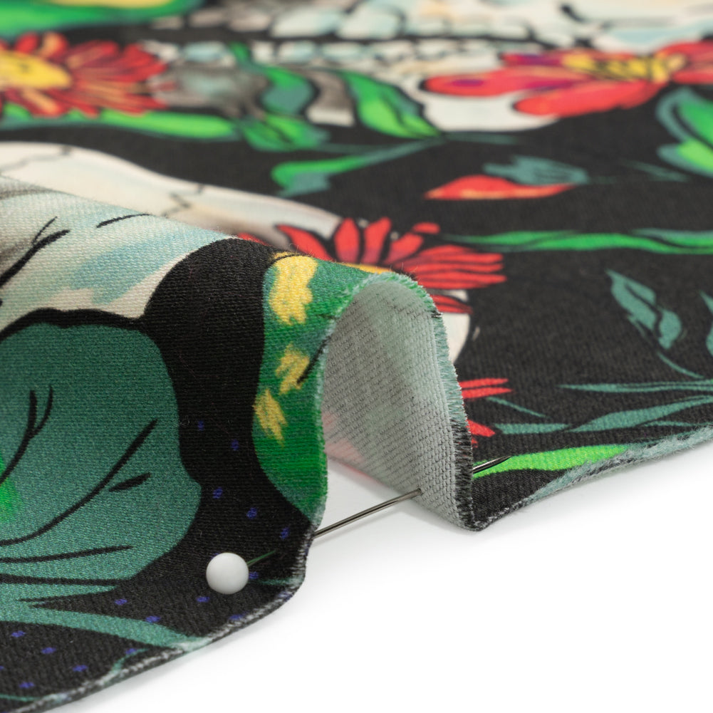 Stretch Cotton Sateen - Black, Red and Green Skulls and Flowers - Mood Exclusive Poor Yorick Print - Joann Fabrics