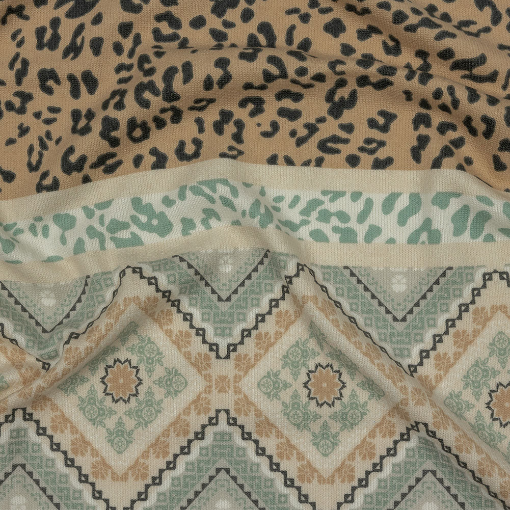 Tan, Mint and White Animal Spots and Geometric Stripes Polyester Sweater Knit - Joann Fabrics