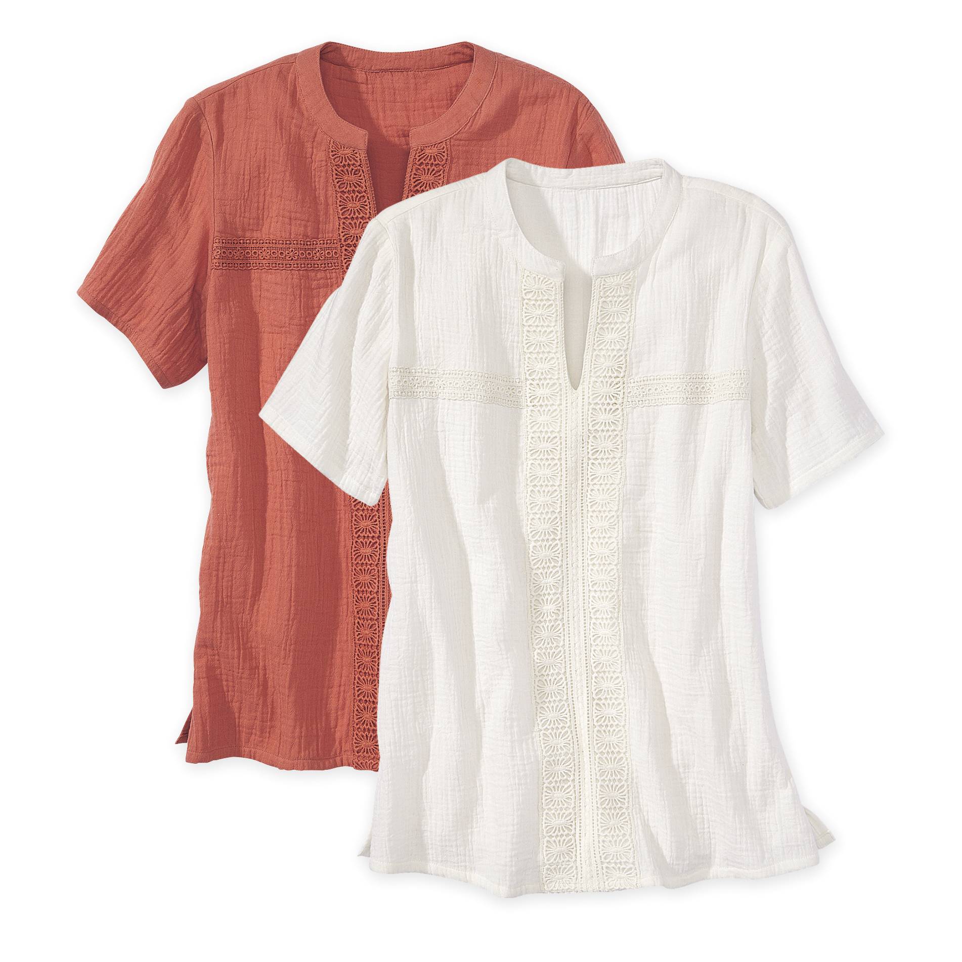 Lace-Trimmed Top, Double-Cloth Cotton Gauze, Short-Sleeve Pullover - Northstyle Catalog