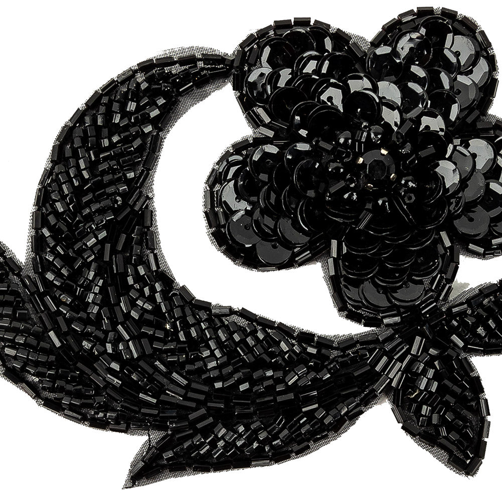 Vintage Black Sequins and Beaded Floral Applique with Rhinestone Core - 3.25