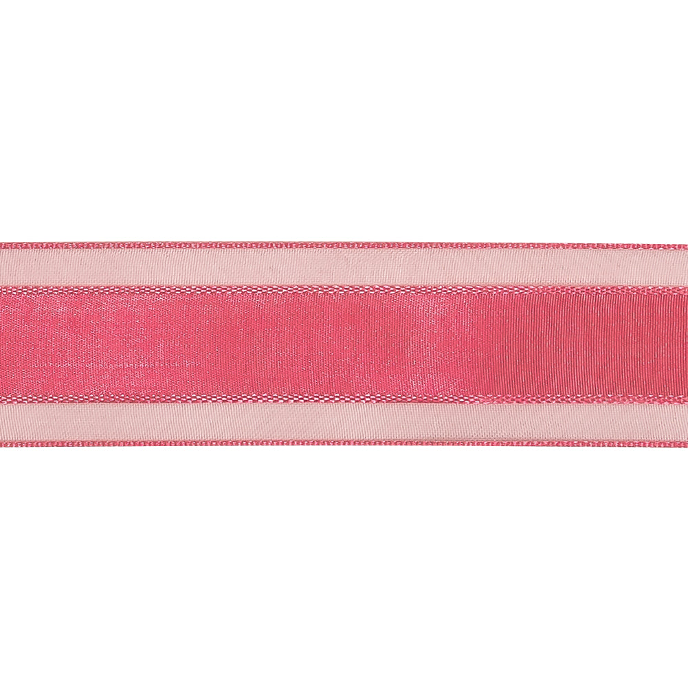Pink Carnation Woven Ribbon with Sheer Organza Borders - 1