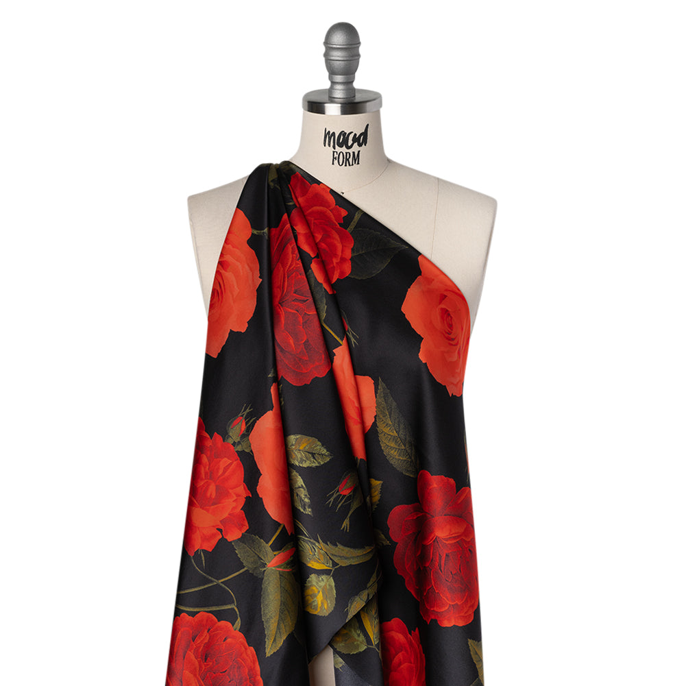 Silk Charmeuse Print 16MM, Made in Italy - Black, Red and Olive Green Roses and Stems - Joann Fabrics