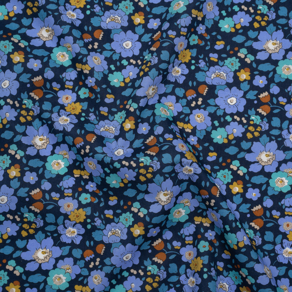 Liberty Fabrics Tana Lawn® - Betsy Meadow Dark Blue - Blue, Periwinkle and Yellow Illustrated Floral - Joann Fabrics