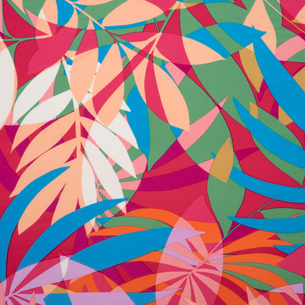 Stretch Polyester Tricot - Magenta, Green and Beige Overlapping Palm Leaves - Designer Deadstock - Joann Fabrics