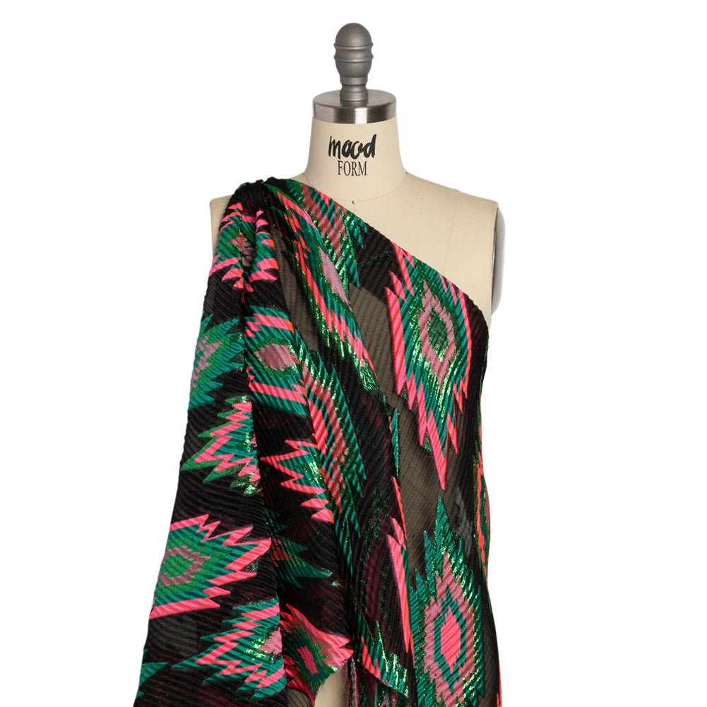 Metallic Green, Hot Pink and Black Exploding Stars Ribbed Luxury Burnout Brocade - Joann Fabrics
