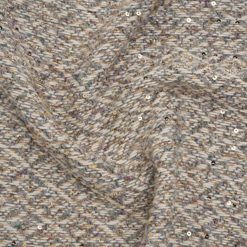 Metallic Polyester and Wool Tweed Twill with Baby Sequins - Off White, Gray and Gold Diamonds - Joann Fabrics