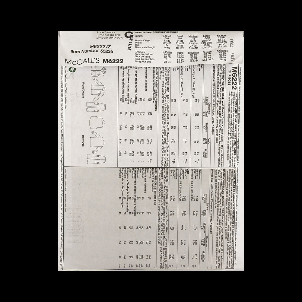 McCall's Boy's Shirt, Vest and Pants Pattern M6222 Size Z (MED-LRG-XLG) - Joann Fabrics