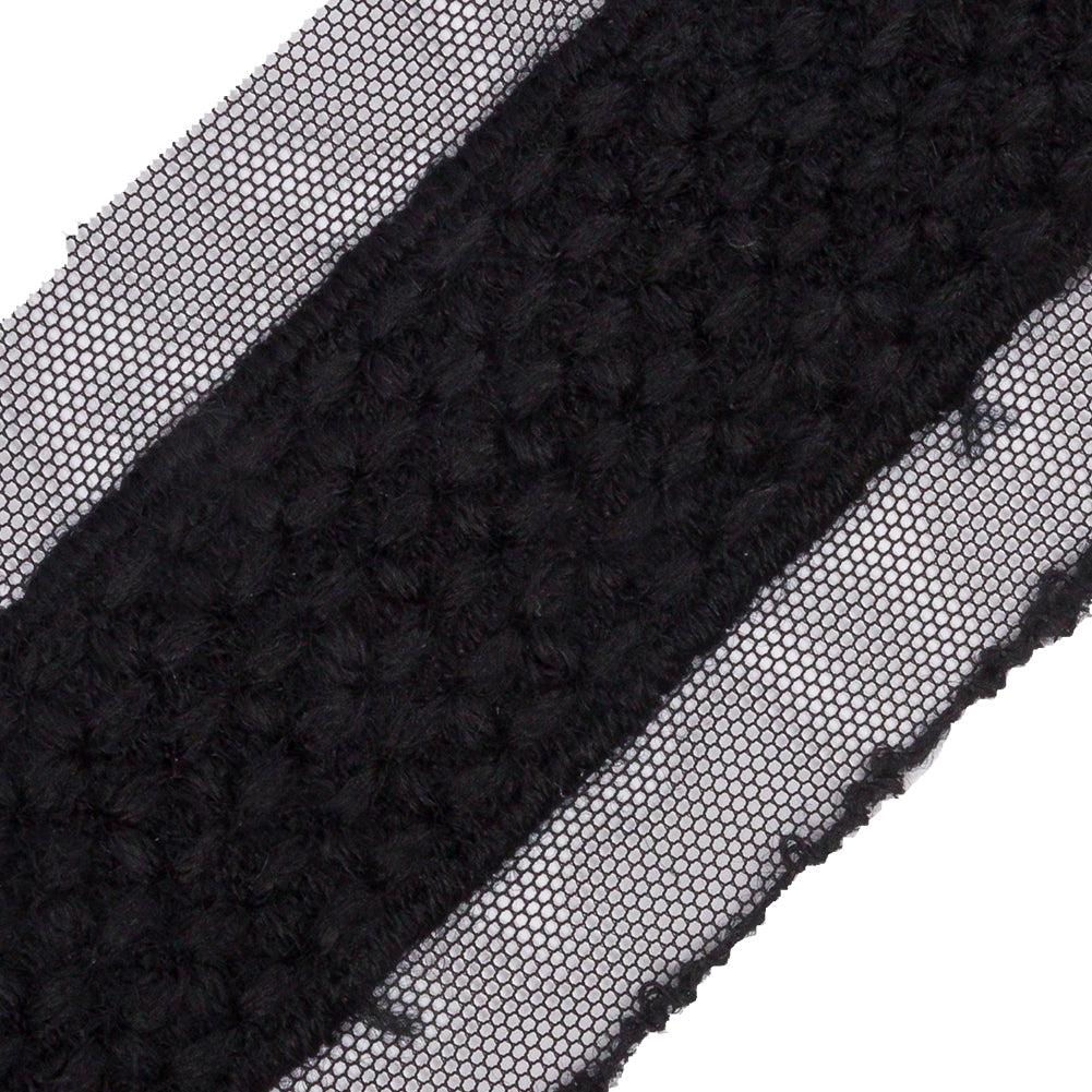 Black Little Circles Wool Embroidered Lace Trim on Mesh Ground - 1.375