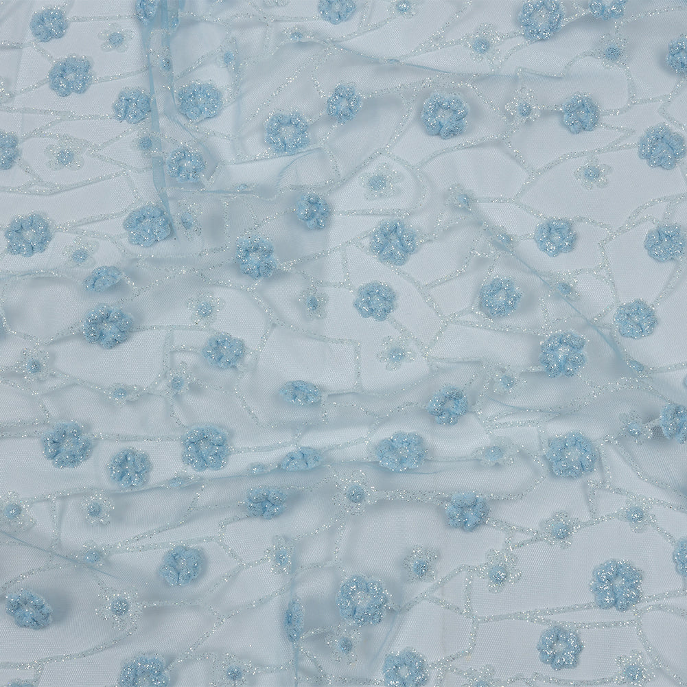 3D Puffy Glitter Tulle - Baby Blue and White Flowers and Geometric Stems - Joann Fabrics