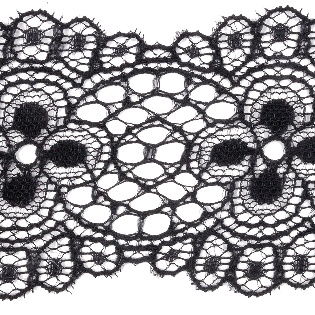 Black Flowers and Medallions Scalloped Lace Trim - 2.5