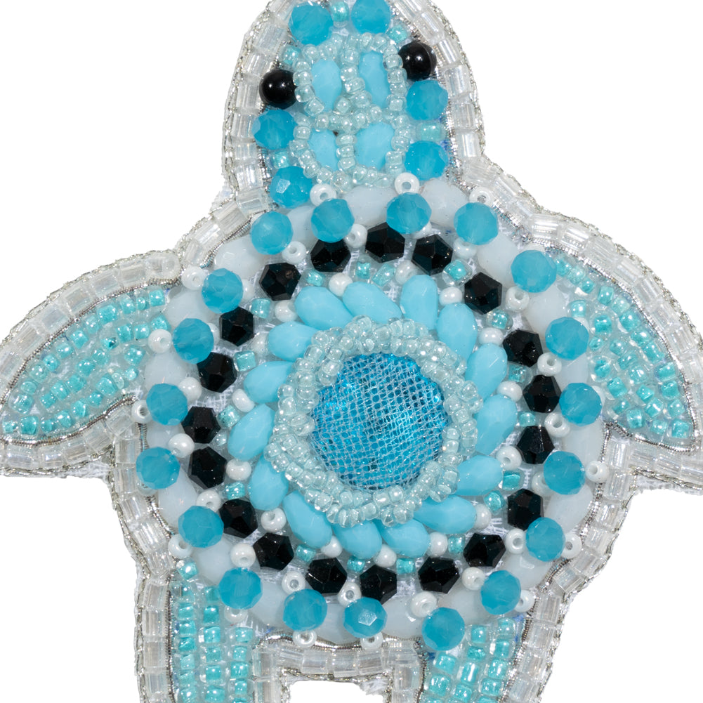 Aqua, White and Silver Little Sea Turtle Rhinestone and Glass Beaded Applique - 3