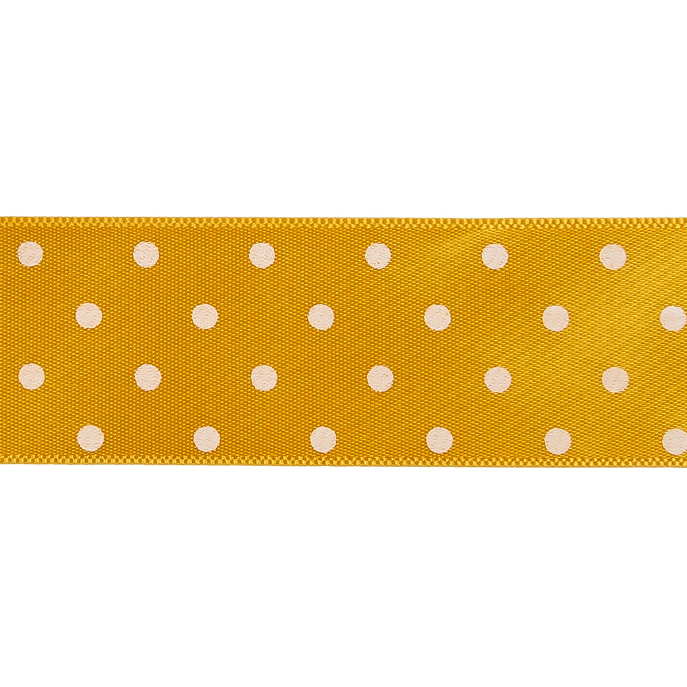 Golden Yellow and White Polka Dot Satin Ribbon - 1