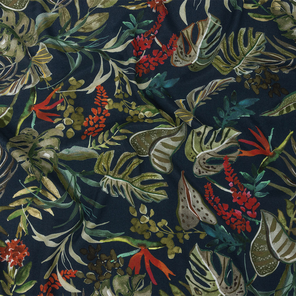 Sustainable Viscose Woven Print - Navy, Green and Red Troplical Leaves and Flowers - Mood Exclusive Subtropic Vegetation - Joann Fabrics