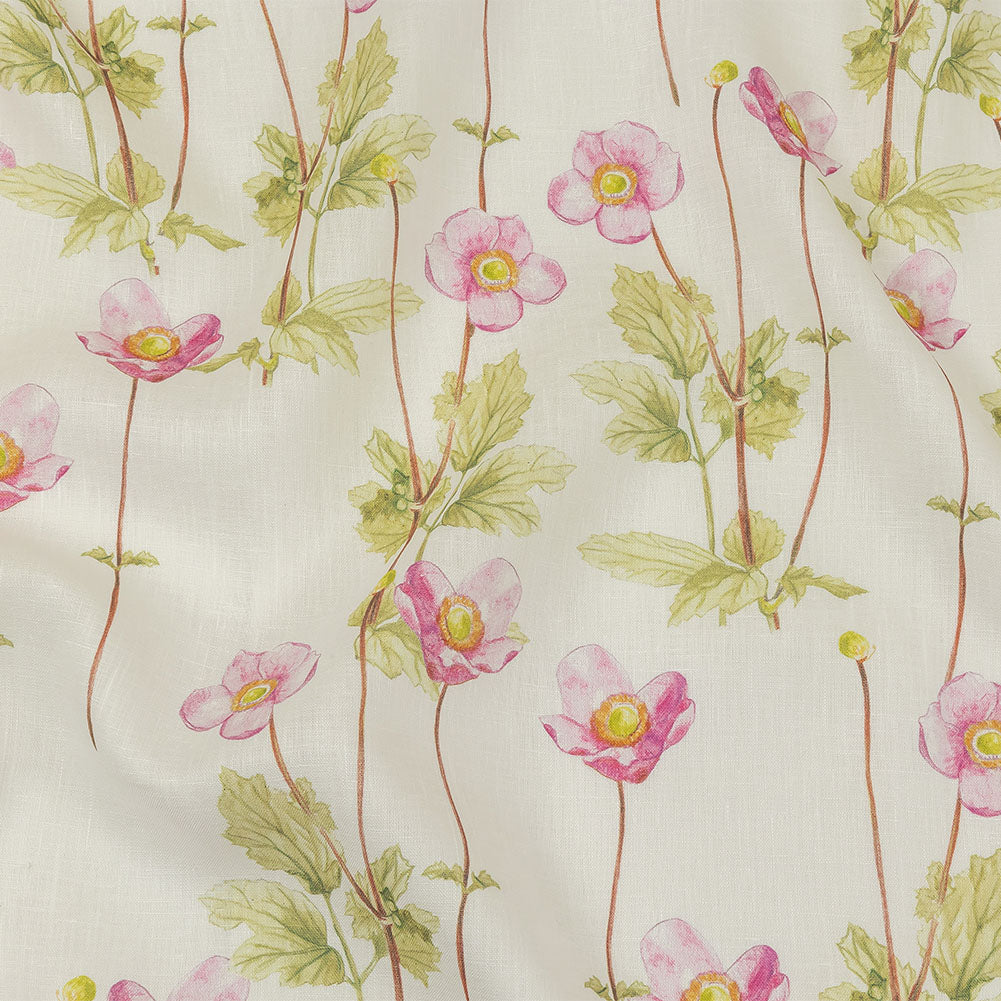 Pink, Green and White Anemone Flower Medium Weight Linen Woven - Joann Fabrics