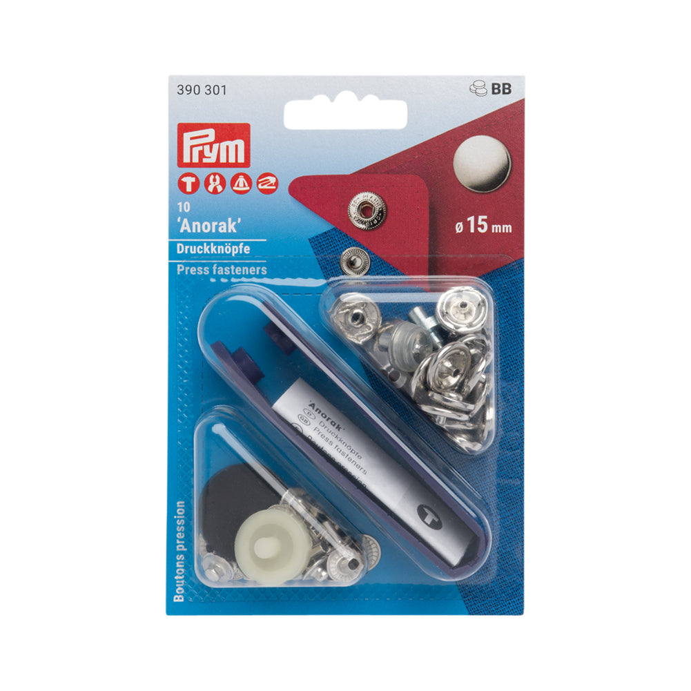Prym Anorak Press Fasteners with Tools - Silver 15mm - 10pc - Joann Fabrics