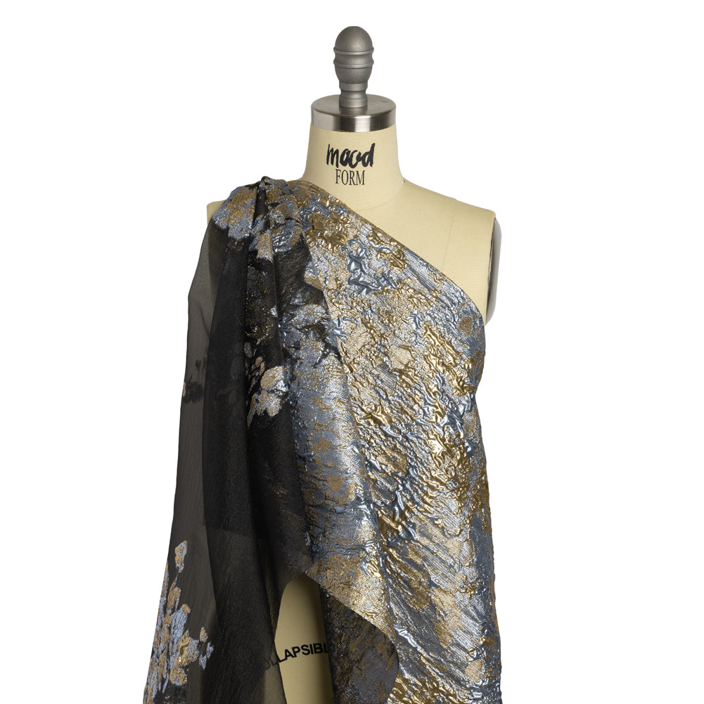 Metallic Burnout Luxury Brocade - Sky Blue, Gold and Black Abstract Crinkled Borders - Joann Fabrics