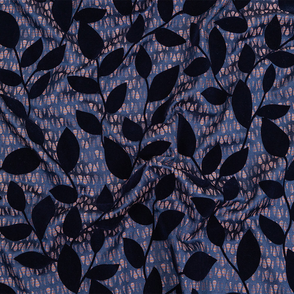 Navy Flocked Leafy Vines on Lilac, Orange and Blue Striped Teardrops Cotton and Polyester Jacquard - Joann Fabrics