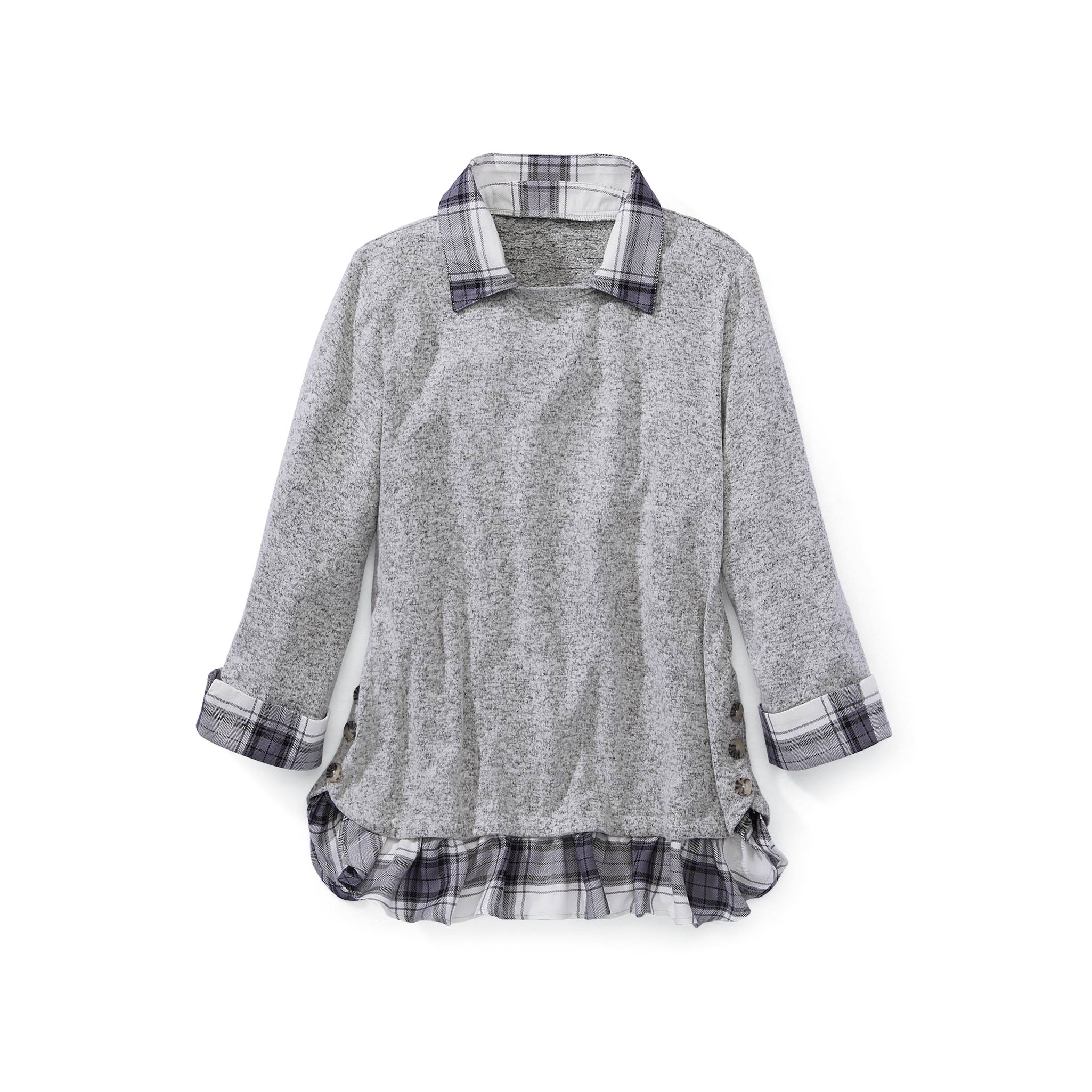 Two-In-One Brushed Knit Pullover, Attached Plaid Collar, Cuffs & Hem - Northstyle Catalog