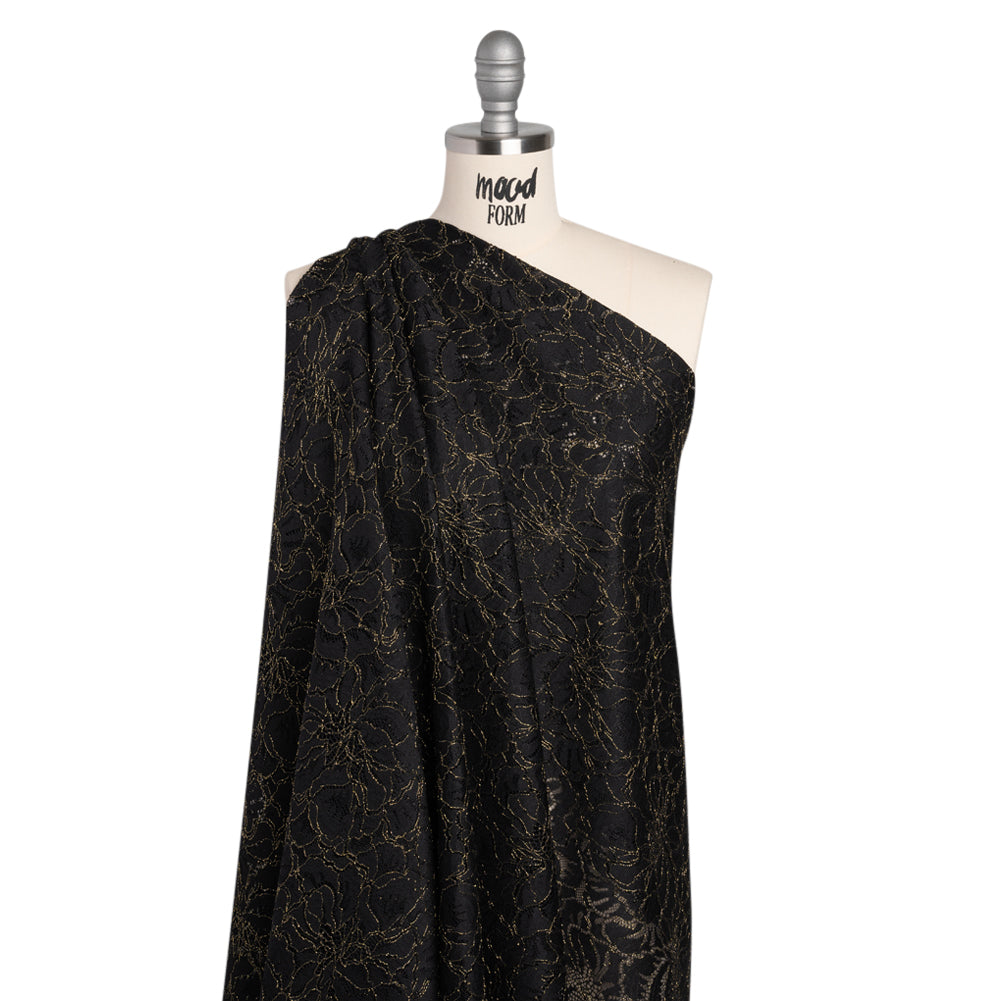 Stretch Metallic Corded Lace with Finished Edges - Black and Gold Bold Blooming Florals - Dania Collection - Joann Fabrics