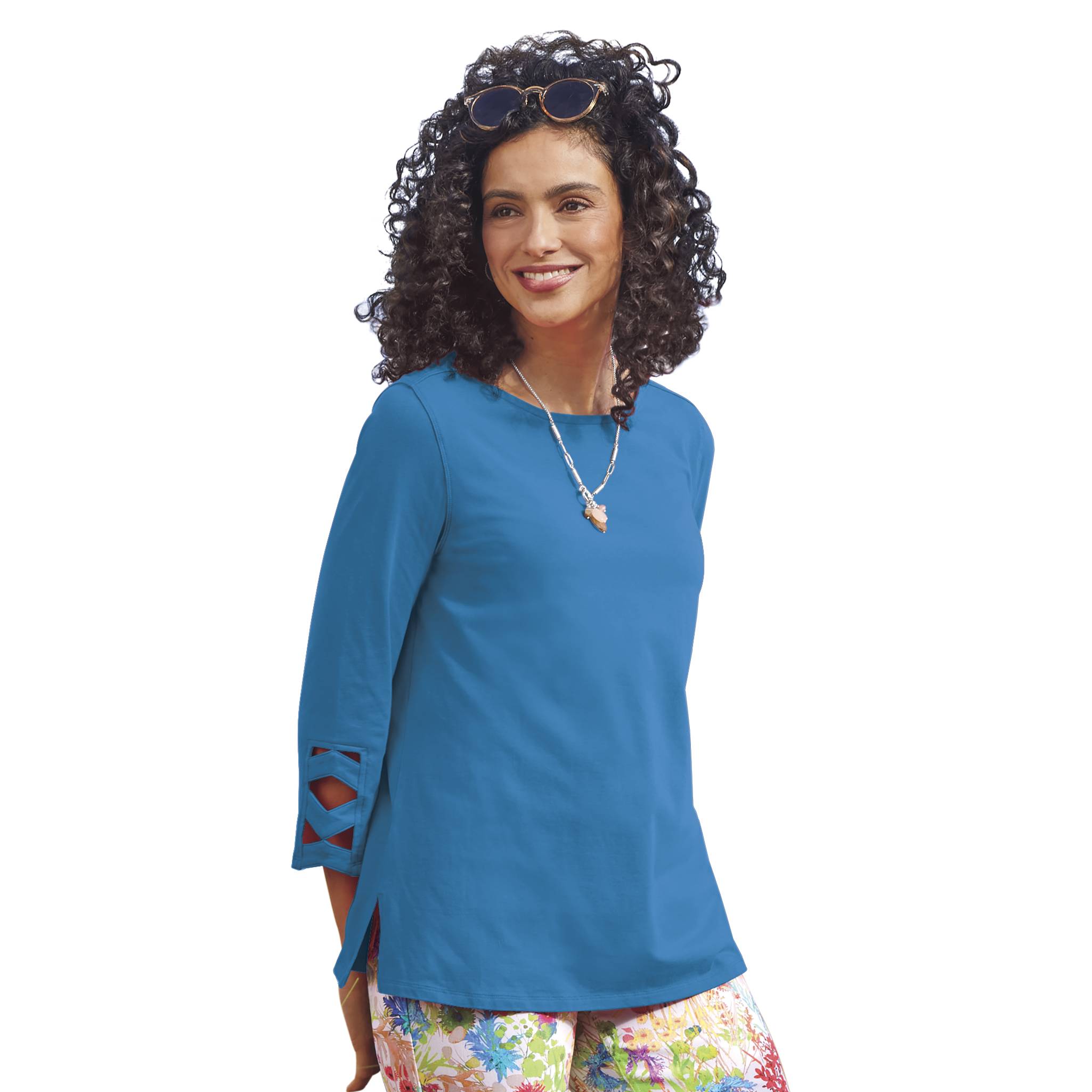 Solid Lattice-Sleeve Knit Top, 3/4 Cutout Sleeves, Side Slits - Northstyle Catalog