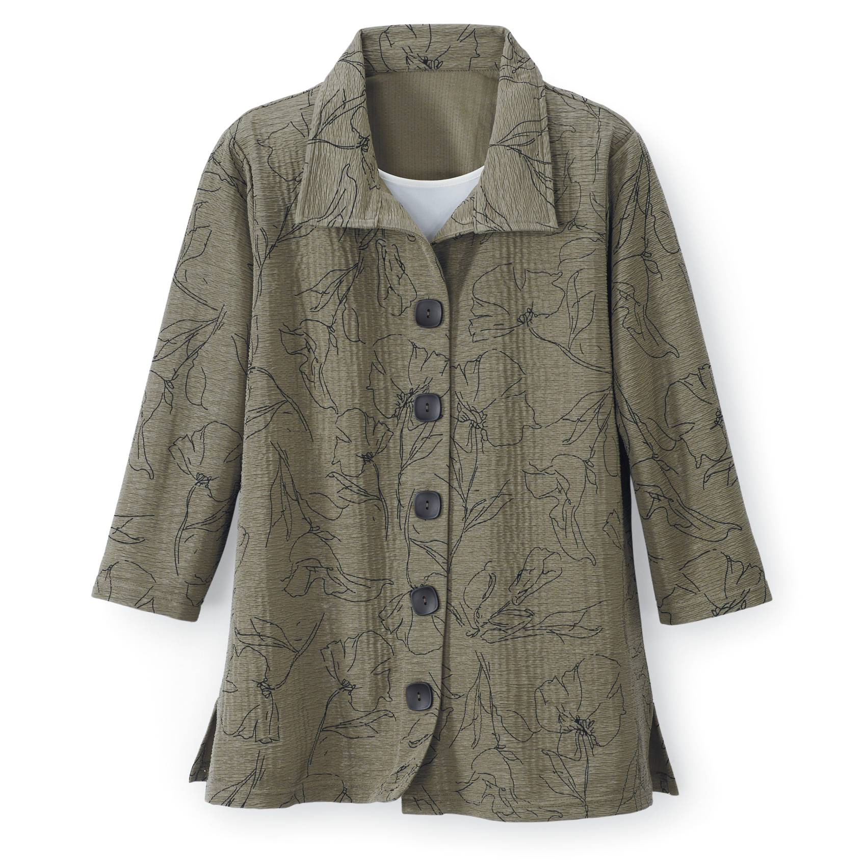 Etched-Floral Shirt, Crinkle Textured, 3/4 Sleeves, Side Slits - Northstyle Catalog