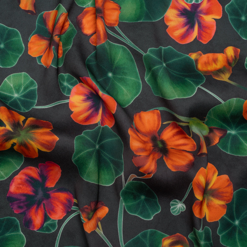 Polyester Crepe-Back Satin - Dark Green and Orange Flowers and Lily Pads - Mood Exclusive Climbing Crocus Print - Joann Fabrics