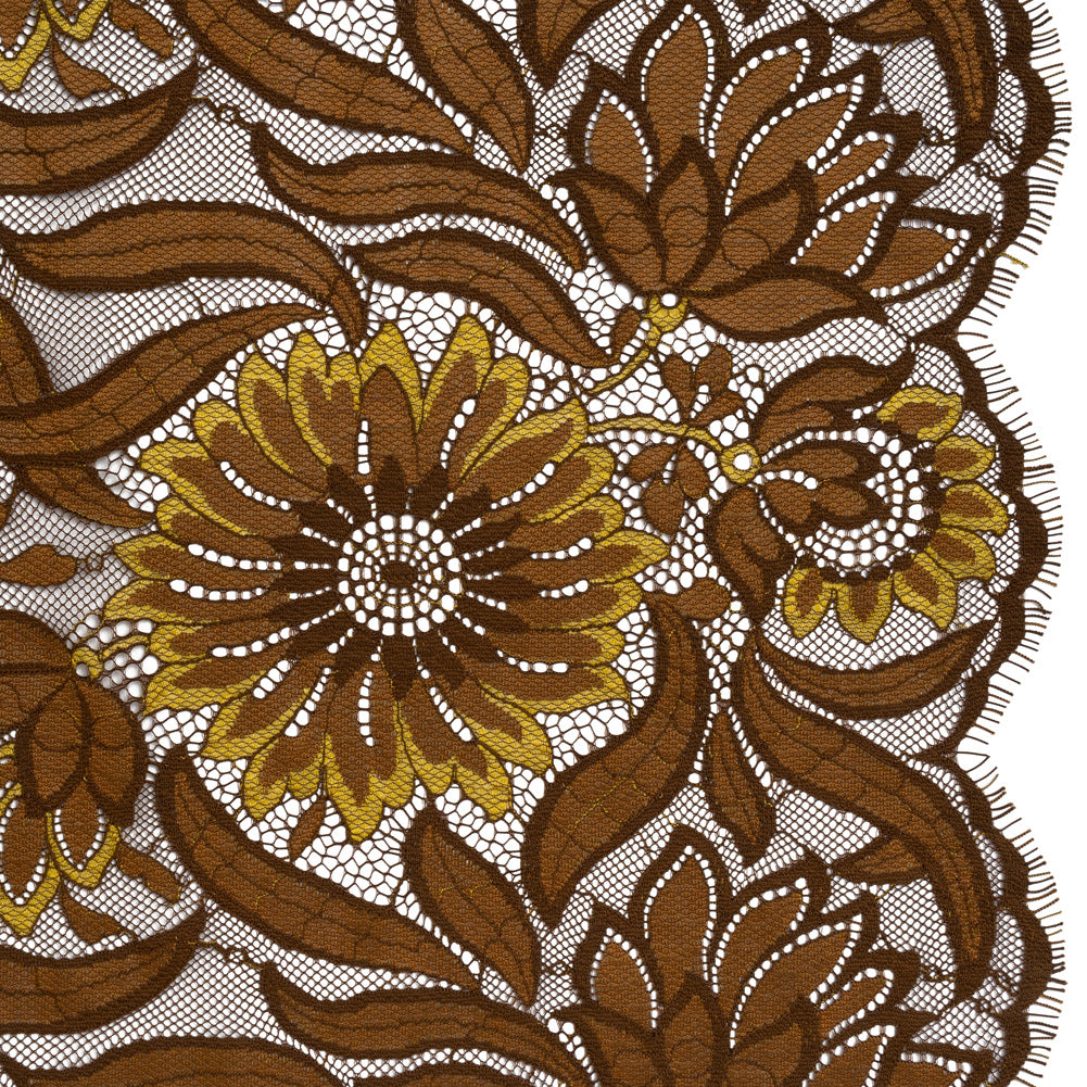 Raschel Lace Panel with Finished Edges - Chestnut, Brown, and Buttercup Bold Daisies and Leaves - Joann Fabrics
