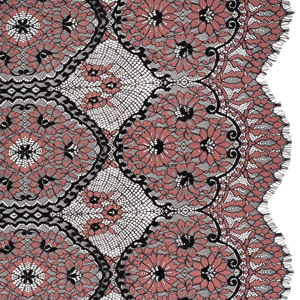 Raschel Lace with Finished Scalloped Edges - Black and Dusty Rose Sunflowers and Daisies - Joann Fabrics