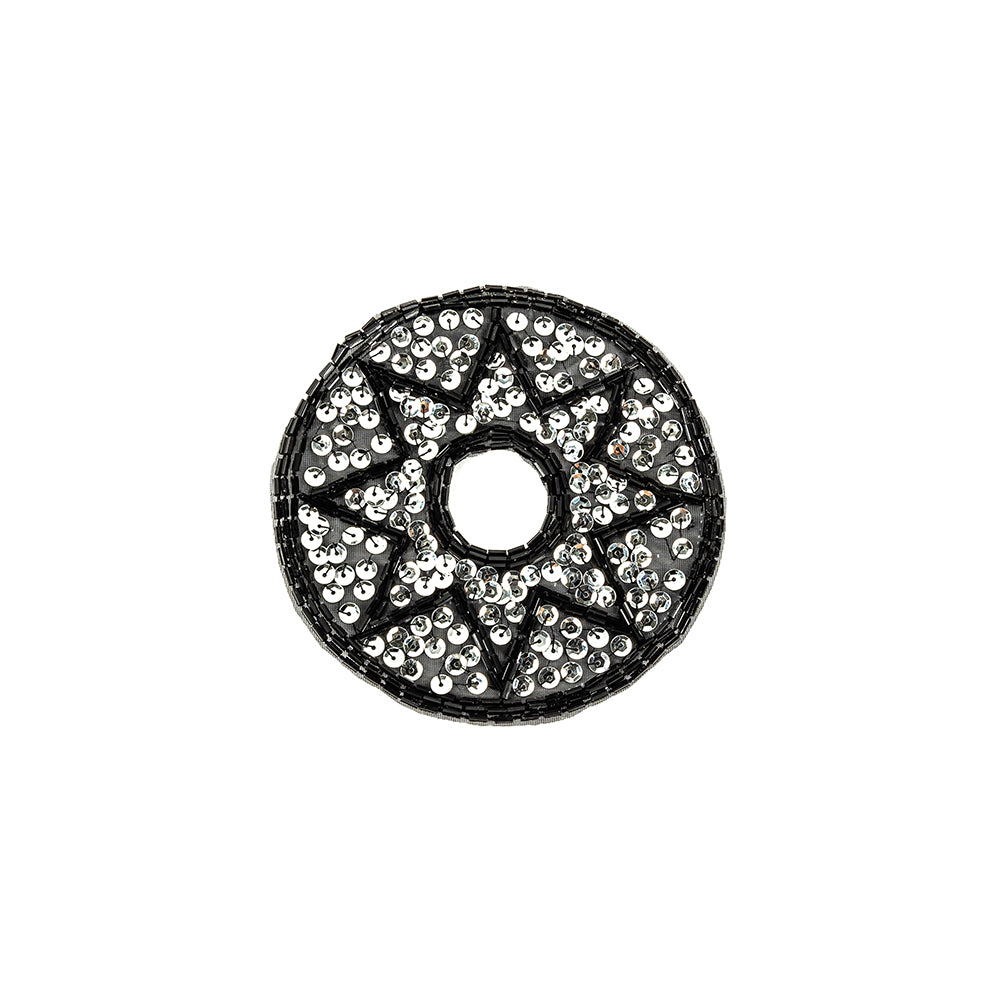 Vintage Black Bugle Beads and Silver Sequins Circular Star Applique - 4.375