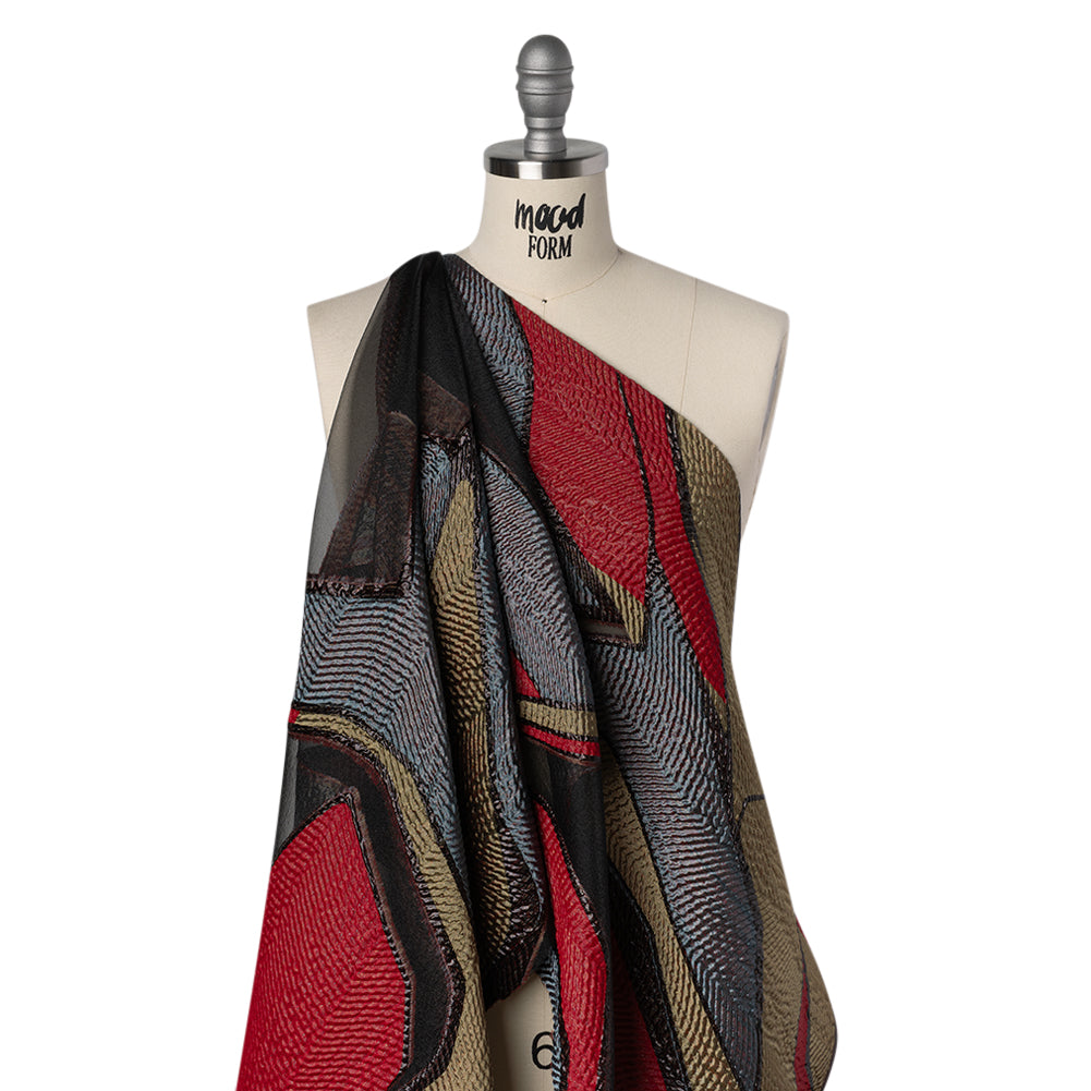 Metallic Rayon and Polyester Burnout Brocade - Tan, Red and Dusty Blue Soft Geometric Abstract - Joann Fabrics