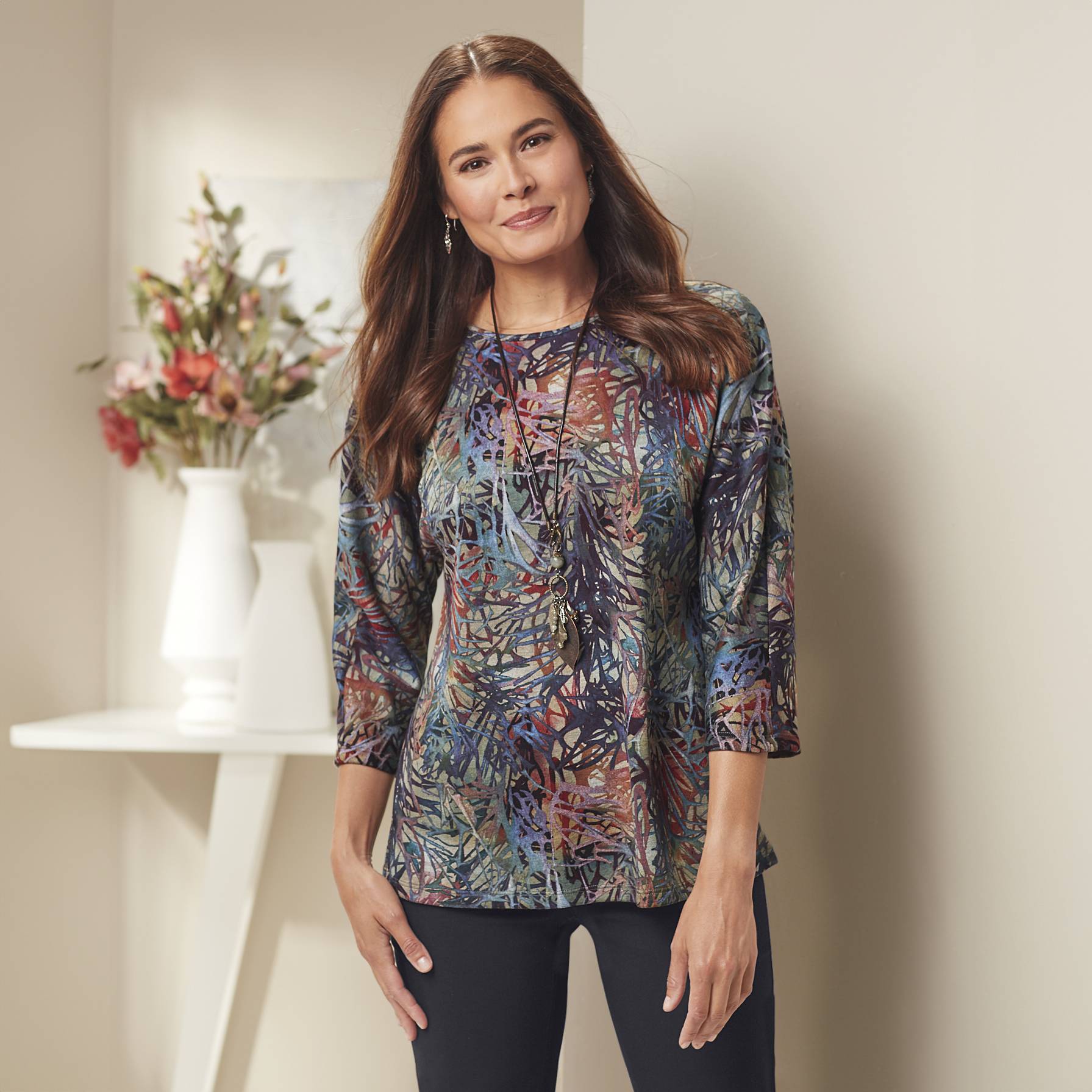 Soft Abstract-Print Knit Top, Beautifully Patterned, 3/4 Dolman Sleeves - Northstyle Catalog