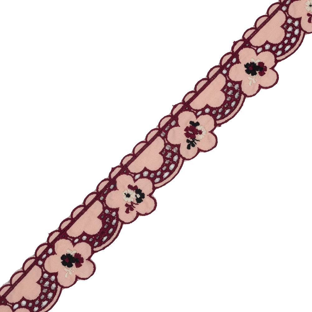 Pink Floral Embroidered Eyelet Trim - 2