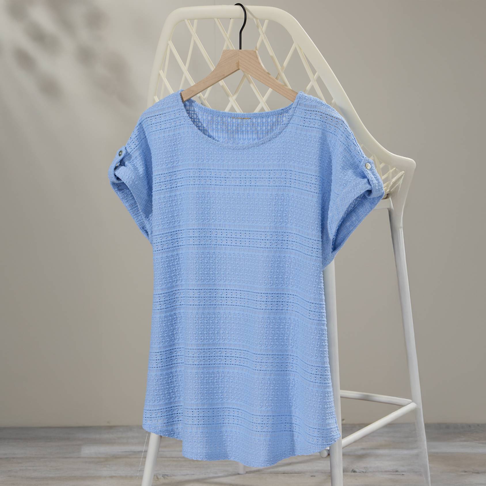 Textured Jacquard Knit Top, Dolman Cap Sleeves, Curved Hem - Northstyle Catalog