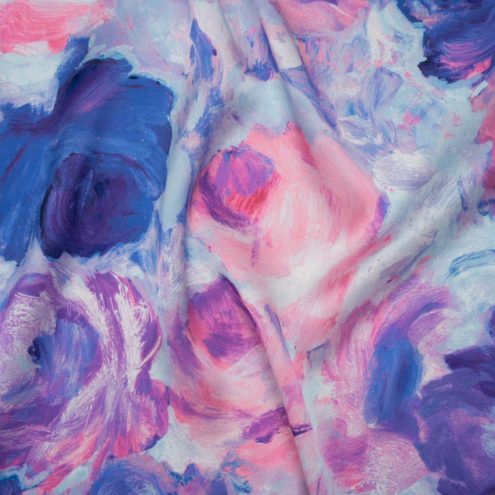 Silk Charmeuse Print 16MM, Made in Italy - Baby Pink, Light Blue and Periwinkle Painted Roses - Joann Fabrics