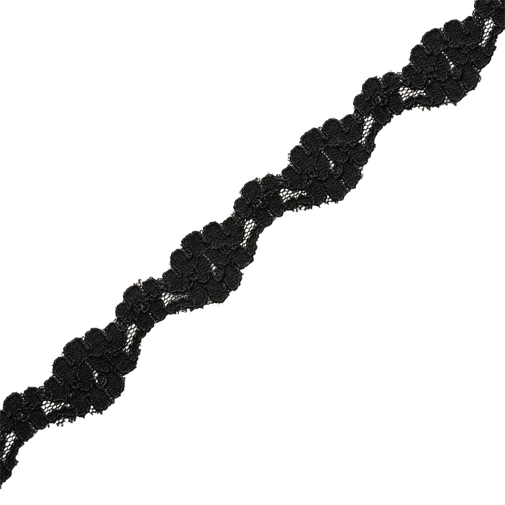 Black Floral Scalloped Corded Lace Trim - 1