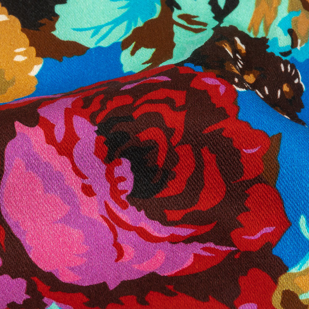 Balenciaga Italian Blue, Mustard and Red Roses Stretch Cotton Twill - Joann Fabrics