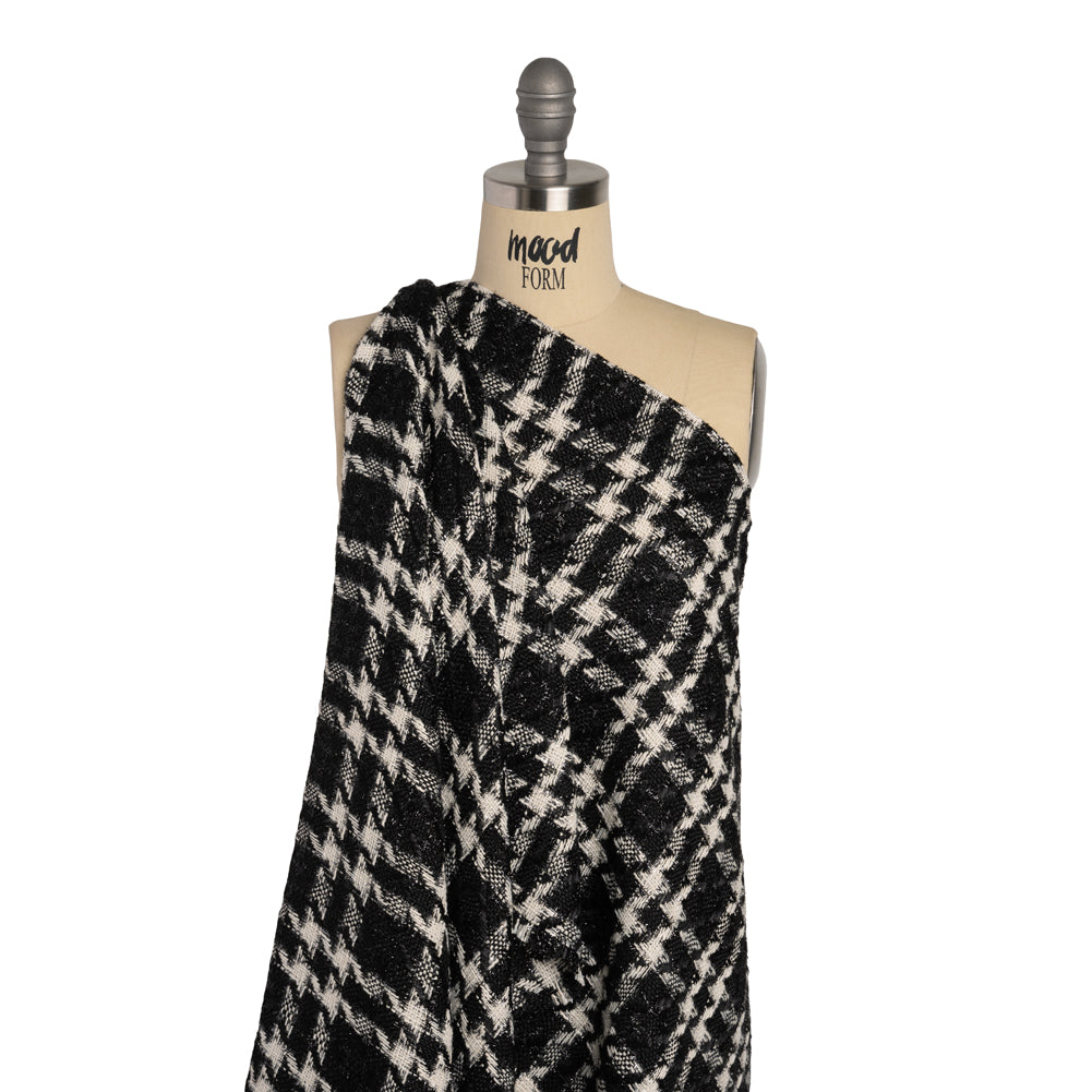 Metallic Tweed with Eyelash Fringe - Black and White Plaid - Deadstock - Joann Fabrics