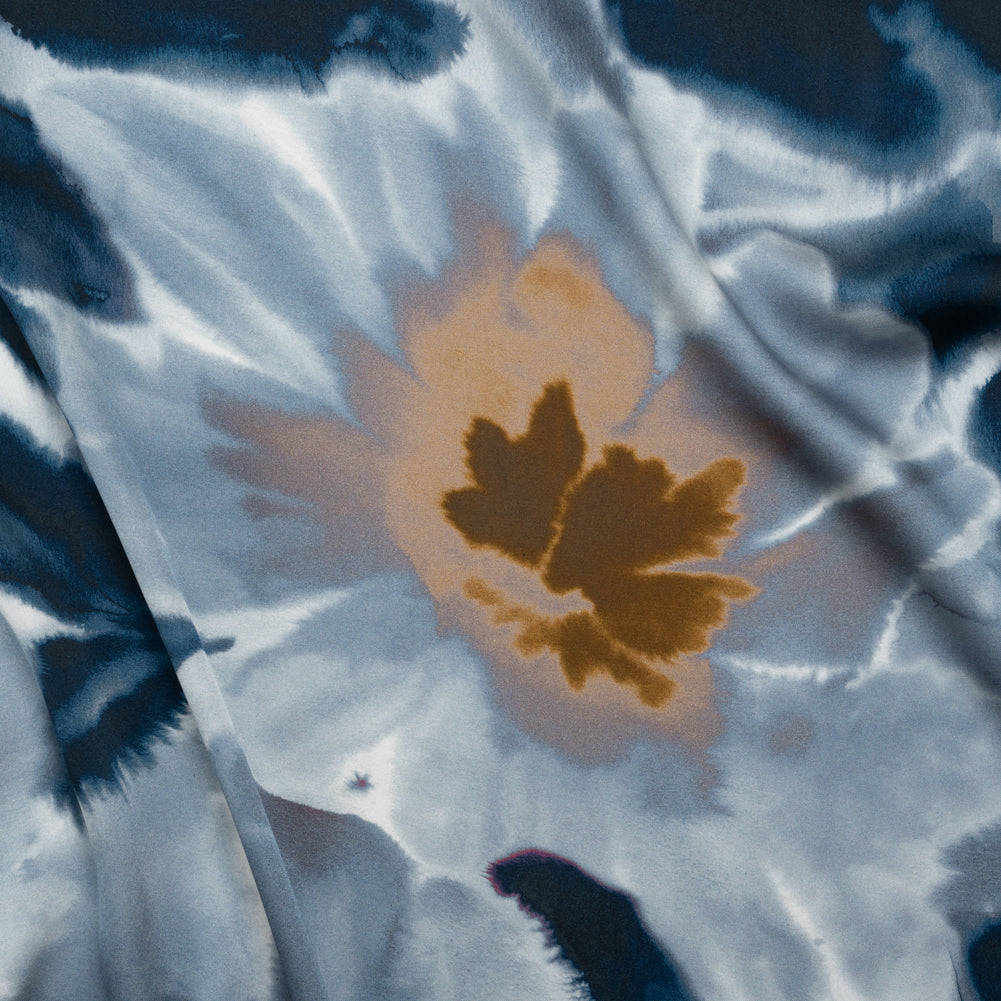 Satin-Faced Polyester Twill - Muted Blue and Brown Watercolor Flowers - Made in Italy - Joann Fabrics