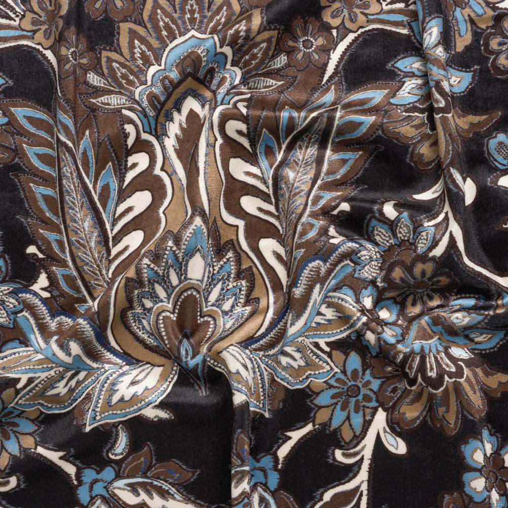Stretch Polyester Velour - Black, Tan and Sky Blue Jacobean Florals - Designer Deadstock - Joann Fabrics
