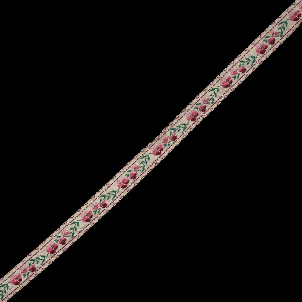 Pink, Burgundy and Beige Floral German Jacquard Ribbon - 0.5