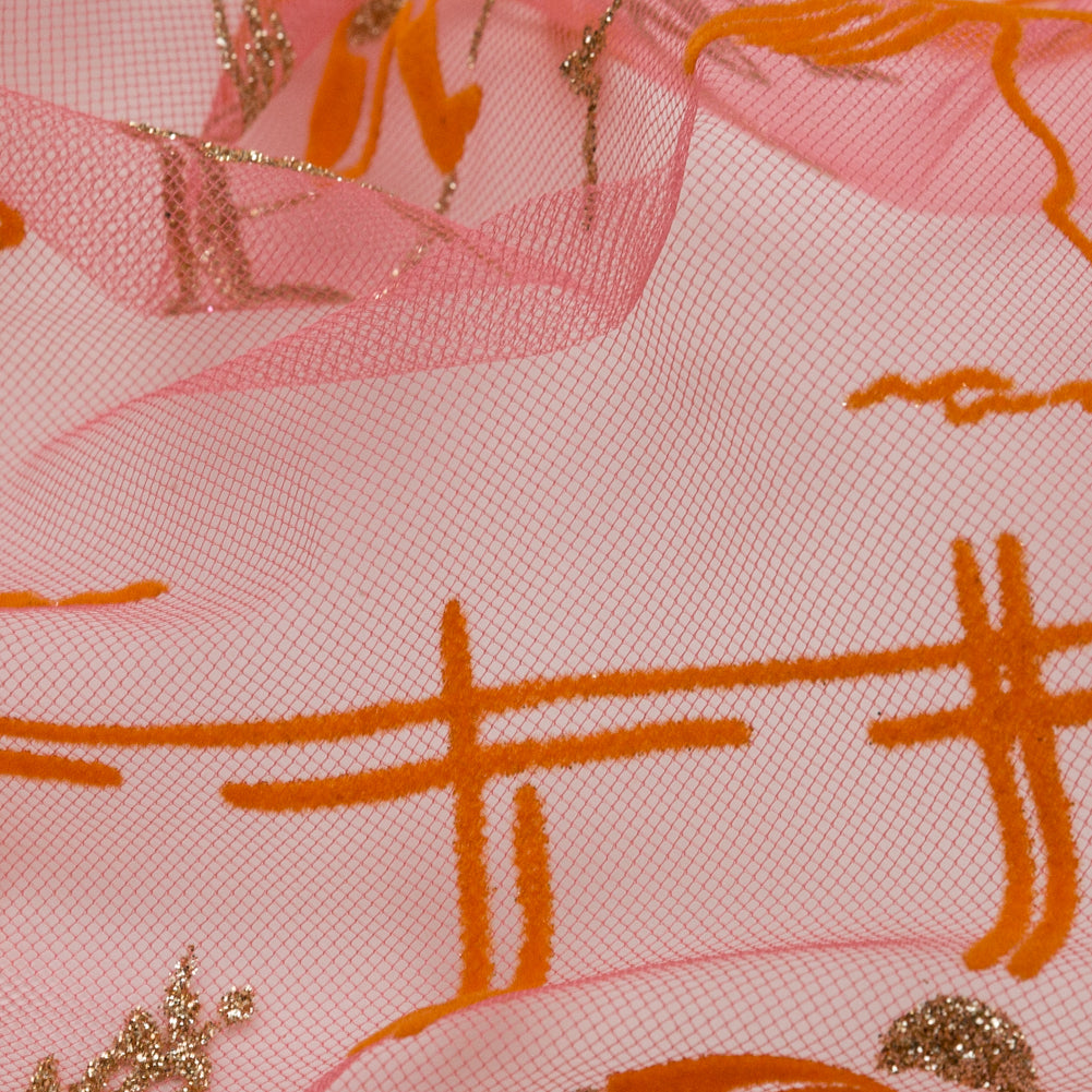 Carolina Herrera Metallic Gold, Hot Pink and Orange Horse Derby Flocked Tulle - Joann Fabrics