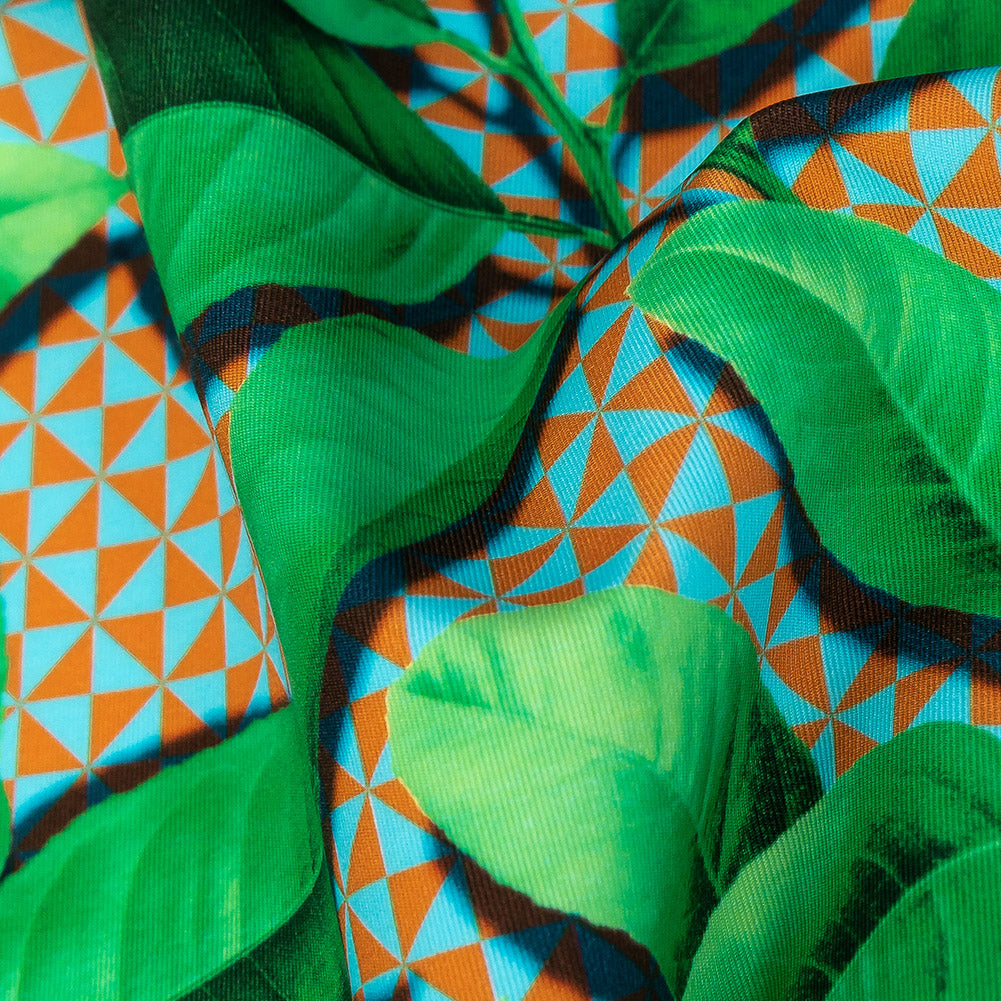 Compression Swimwear Tricot, UV Protective with Aloe Vera Microcapsules - Green Leaves and Orange Geometric - Caye Collection - Joann Fabrics