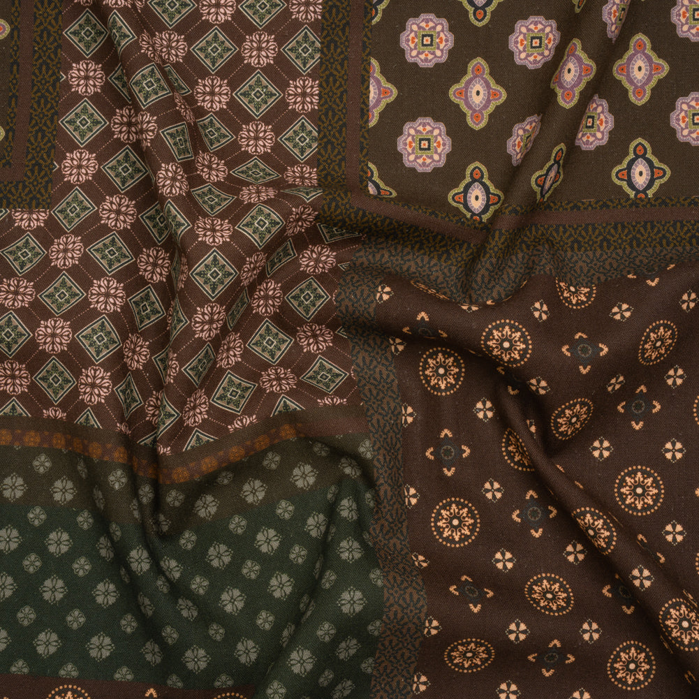 Linen and Rayon Woven - Brown, Dark Green and Olive Medallion Patchwork - Mood Exclusive Sultan’s Splendor Print - Joann Fabrics